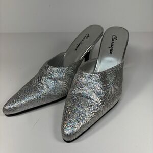 Classique Silver Textured Fabric Glitter Pointed Toe High Heel Mules 7.5 M EUC